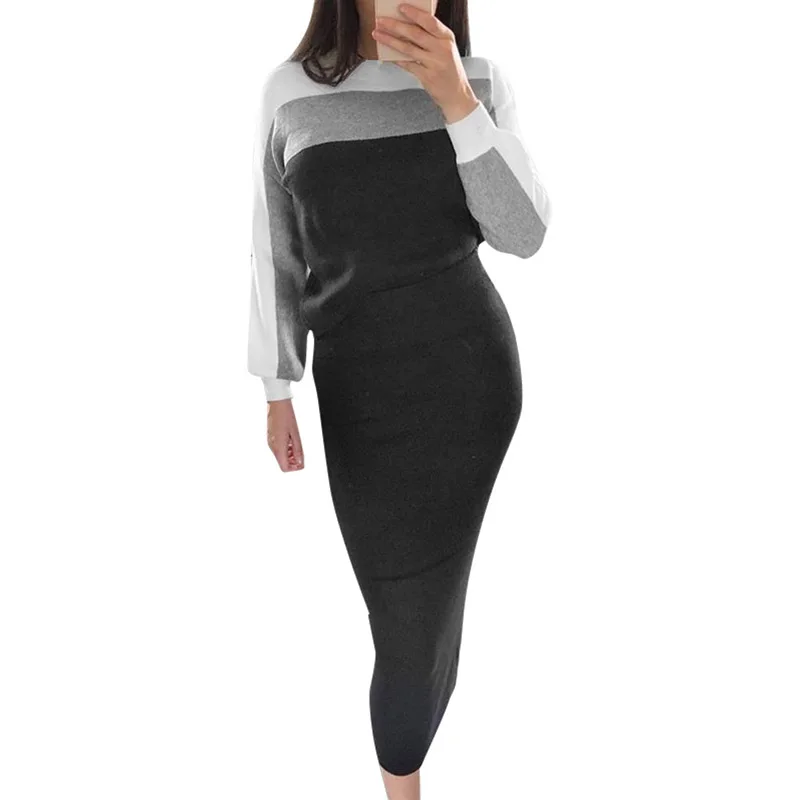 CWLSP осень зима контрастный цвет Мода 2-pieces(рубашки+ юбки) костюм женщина o-образным вырезом Повседневная рубашка Длинная тонкая юбка QL4300
