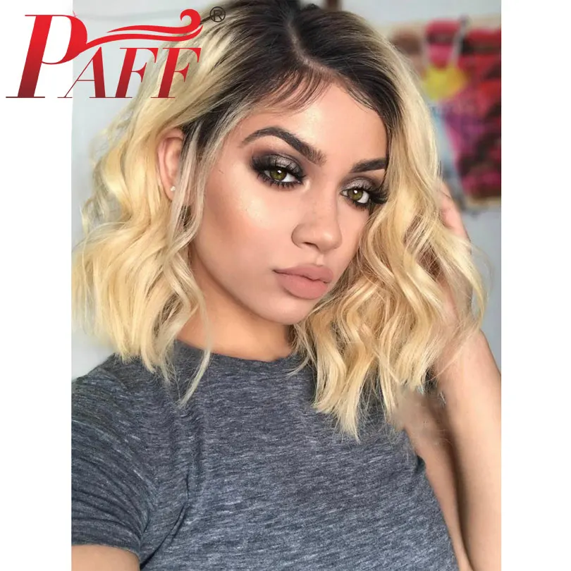 PAFF Ombre Color Short Bob Cut Human Hair Wigs Lace Front 1b 613 Blonde Black Roots Remy Hair Ombre Wigs 130% 150% Density 13*3