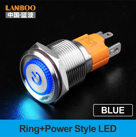 Blue LED Power Lanboo 19 мм 10A высокого тока с плоской головкой 3 pin кнопочный переключатель с защитой от повреждений и кольцом led и символ - Цвет: Blue LED Power