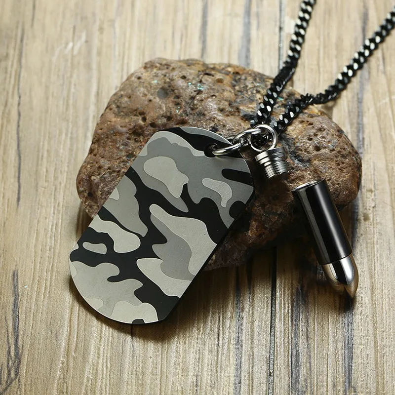 

Men Stainless Steel Camouflage Dog Tag with Open Bullets Adorned Pendant Necklace Camo Commando Army Boyfriend Gift