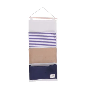 

3-Pockets Wall Hanging Bag Cotton Linen Door Closet Stripe Pattern Storage Organizer with Wooden Stick Organizer Bag for Room