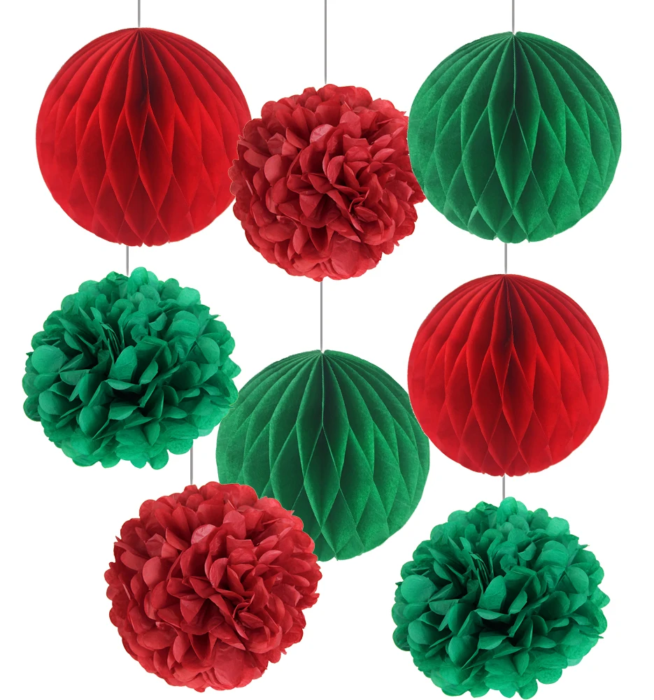 525 Joyeux Noël 8 Pcs Rougeblancvert De Noël Maison Décoration Papier De Soie Honeycomb Boules Fleur De Papier Pom Pom Décoratif In Pendentifs Et