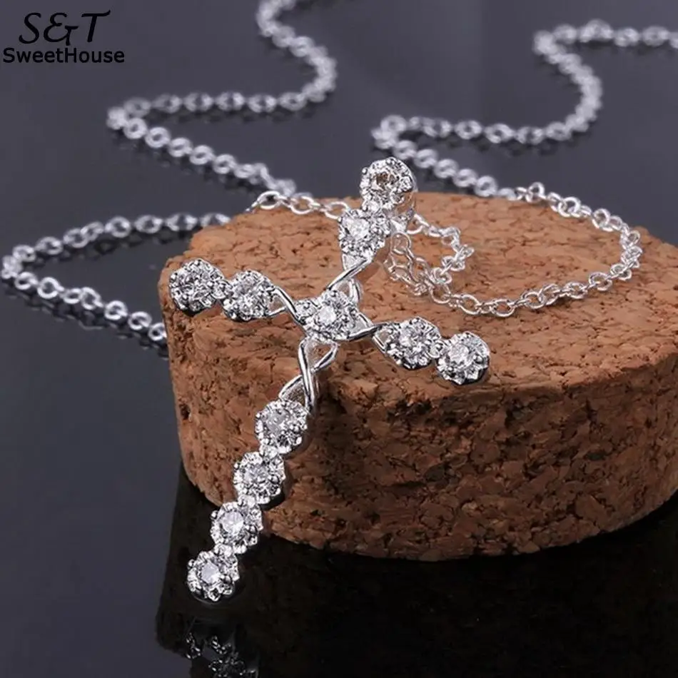 

FANALA Necklace Women Crystal Cross Pendant Necklace Fashion Women's Shinny Silver Plated Sweater Chain Jewelry Chokers Necklace