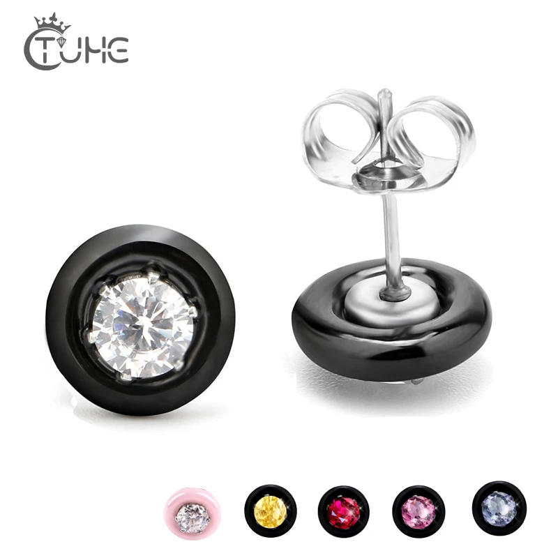 

6pcs/Set Round Ceramic Stud Earrings With Colorful Crystal For Women Fashion Jewelry Black White Pink Ceramic Daily Jewelry Gift