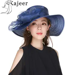 Kajeer женские церковные шляпы для дам пион Большой широкими полями УФ Защита женский цветок дизайн свадебные шапки Race вечерние Y шляпы для