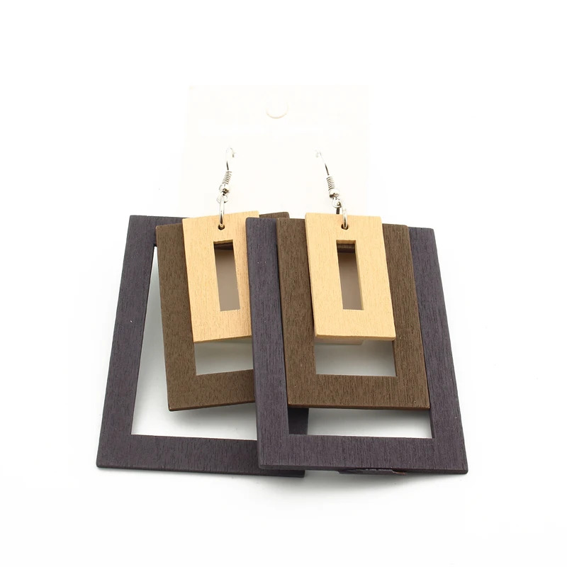 

1Pair European Indian Boho Big Hollow Geometric Africa Silver Earrings For Women Jewelry Natural Wood Wooden Hook Earring E206