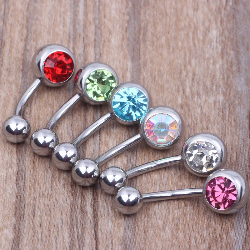 Wholesales Stainless Steel 100 pcs/lot Mix 10 Color 14G Body Piercing Jewelry Jewelled CZ Gem Navel Ring Belly Button Ring