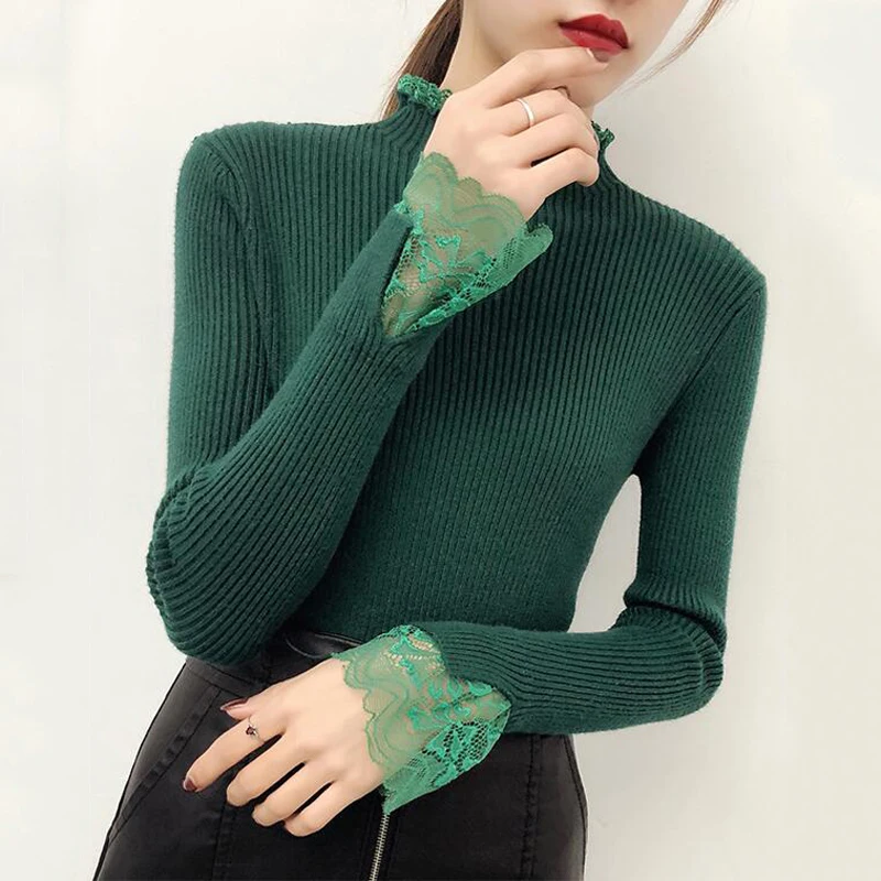 Goedkoop Kant Patchwork Gebreide Trui Vrouwen Coltrui 2018 Herfst Winter Vrouwen Truien En Pullovers Vrouwelijke Tricot Jumper Pull Femme