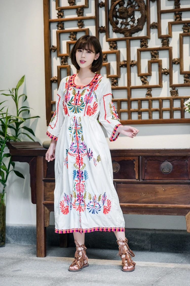 Высокое качество Новое Женское винтажное этническое цветочное вышитое хлопковое длинное платье-туника хиппи бохо свободное мексиканское платье