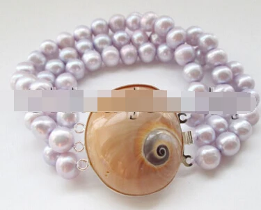 

free shipping 13402 8" 3row 8-9mm lavender round freshwater pearl bracelet - shell clasp