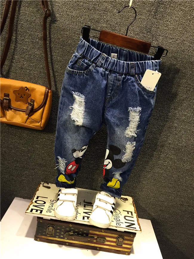 Новые детские джинсовые штаны для детей 2-7 лет, модные джинсовые брюки с Микки-Маусом для маленьких мальчиков и девочек на весну-осень, одежда для девочек 3-7 лет