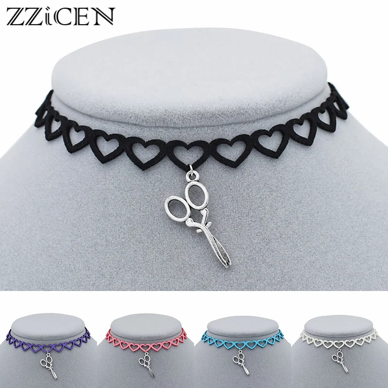 

Fashion Antique Silver Hair Stylist Scissor Pendant Love Heart Velvet Leather Choker Necklace Hair Dresser Hairdresser Gifts