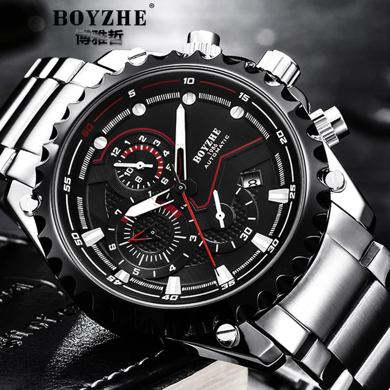 

BOYZHE Top Brand Luxury Mens Wristwatches Sports Steel Business Mechanical Watch Military Waterproof Luminous relogio masculino