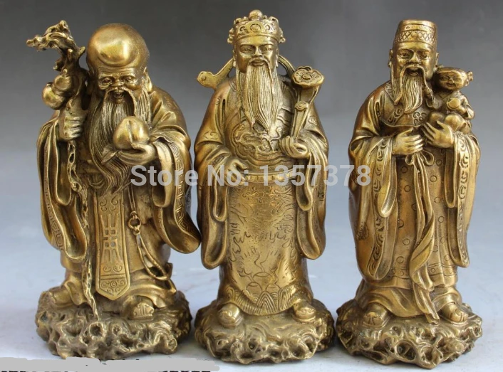 

shitou 00786 8" Chinese Bronze Fengshui Stand 3 Longevity God Fu Lu Shou Life Statue Set