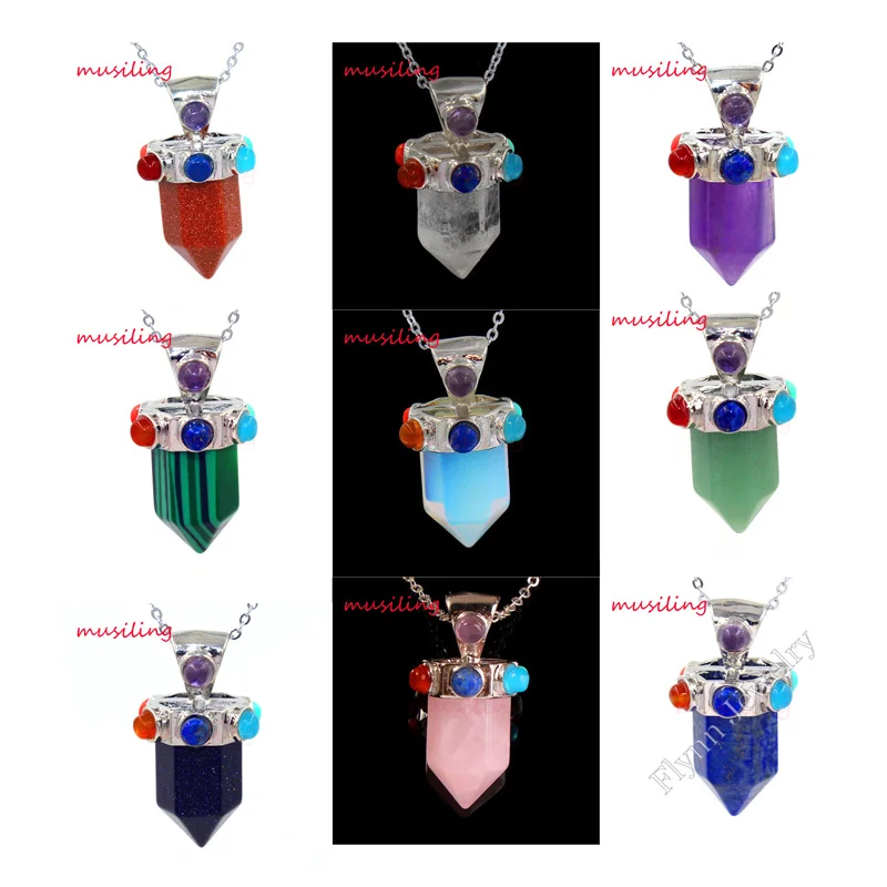 

2016 Wholesale Pendant Charm Natural Short Hexagon Prism 7 Beads Point Reiki Pendulum Healing Chakra Amulet Jewelry 9X Mix Order