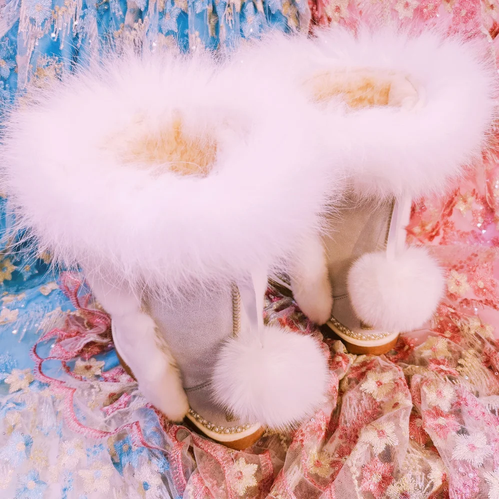 Gema De Mujer 2018 Rhinestone 34 Blanco 40 Botas Uno Pesada Europeo Caliente Invierno Zorro Embarcación Piel 41 Gran Nieve Lujo Tamaño Yd6xn0