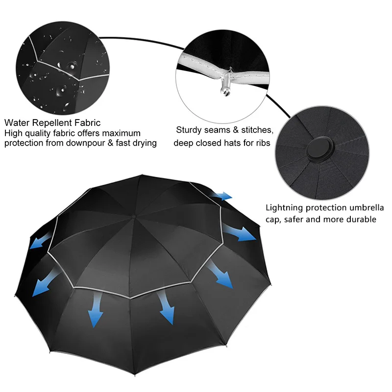Женский Зонт от дождя, двойной слой, большой, ветрозащитный, 3, складной, деловой, мужской, водонепроницаемый, 130 см, большой, для женщин, мужчин, для путешествий, Paraguas