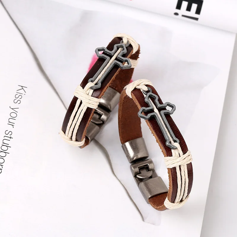 Religious Couple Bracelets Hollow Cross Charm Man Woman Bangles Pulseira Handmade Easy-hook Genuine Leather Wristband Ornament Religious Couple Bracelets Hollow Cross Charm Man Woman Bangles Pulseira Handmade Easy-hook Genuine Leather Wristband Ornament