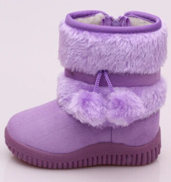 Новинка года; теплые зимние ботинки для девочек; детские зимние ботинки с помпонами для мальчиков и девочек; европейские размеры 21-31 - Цвет: purple