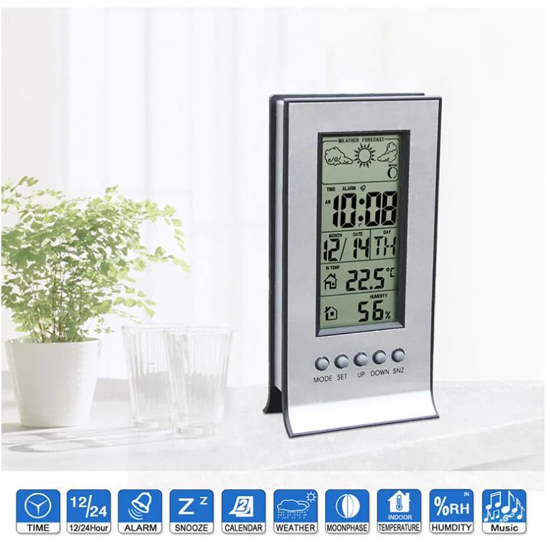 

Mini Digital Thermometer Indoor And Outdoor Hygrometer Temperature Meter Clock Weather Forecast Maximum And Minimum Display