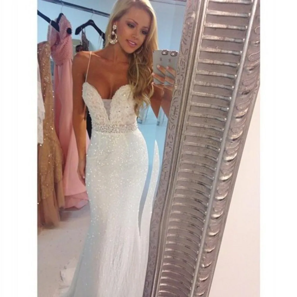 2016 Vestidos De Formatura Spaghetti Strap Sequin Crystal Mermaid font b Evening b font Gowns White