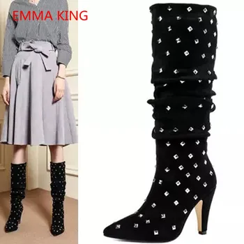 

2018 Design Rivets Studded Women Knee High Boots Pointed Toe Suede High Heels Shoes Pumps Autumn Winter Woman Knight Boots