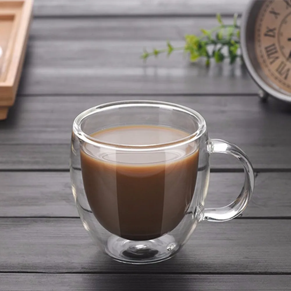 150ML Double Layers Coffee Mug With Handle Heat Insulation Drinking Cup Milk Tea Cup Transparent Drinkware Great Gift