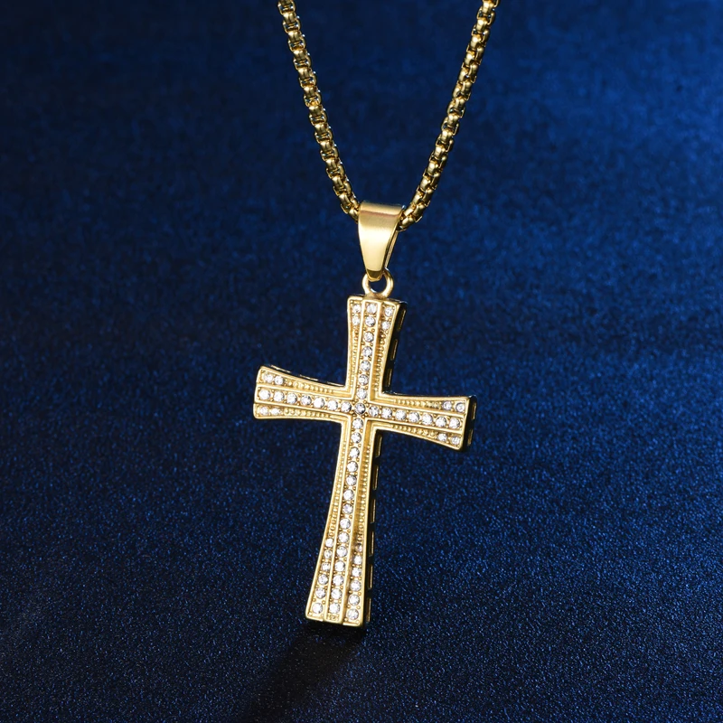 

HIP Hop Iced Out Bling Rhinestone Stainless Steel Cross Pendant Necklace Gold Color Crucifix Collier For Men Jewelry