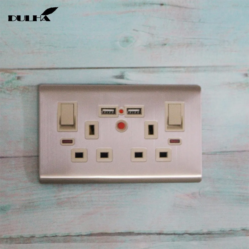 Великобритания 13A двойной USB Мощность розетки 2 Gang коммутируемых электрических