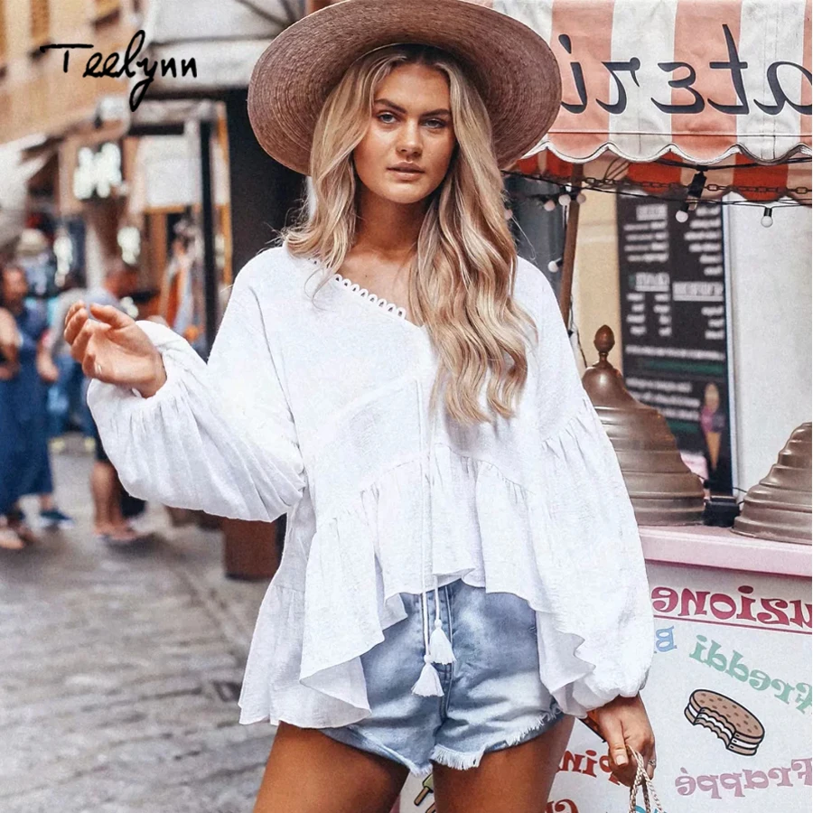 TEELYNN Loos Boho блузка белая однотонная Сексуальная С v образным вырезом пышная с