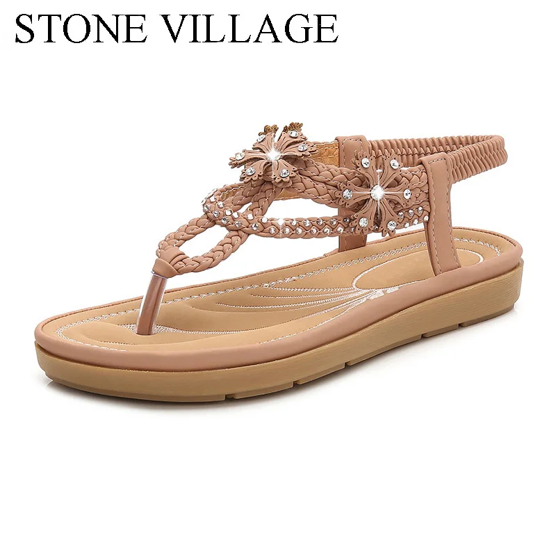 

STONE VILLAGE Summer Ethnic Style Women Sandals Chaussures Femme Casual Flip Flops Beach Shoes Ladies Low Heels Bohemia Sandals