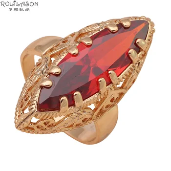

ROLILASON Royal Garnet Rings for women Gold Tone Nickel Lead Free Fashion Jewelry Huge Red zircon Crystal Rings USA Sz JR2026
