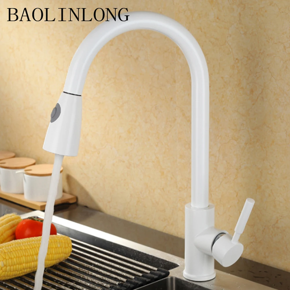

White Brass adjustable Kitchen Faucet accessories Cozinha Swivel Spout Kitchen Sink Pull Out basin Faucet Tap