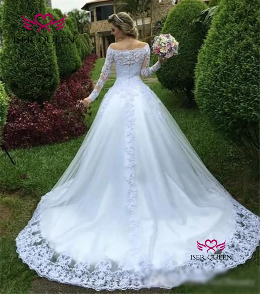 Чисто белое кружевное свадебное платье с длинным рукавом, Новое поступление, свадебное платье с открытыми плечами, свадебное платье es W0620
