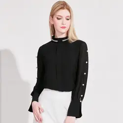 2018 новые осенние корейские Для женщин рубашки Перл Бисер Свободные Твердые Цвет Фонари с длинным рукавом шифон стоять шеи блузка рубашка