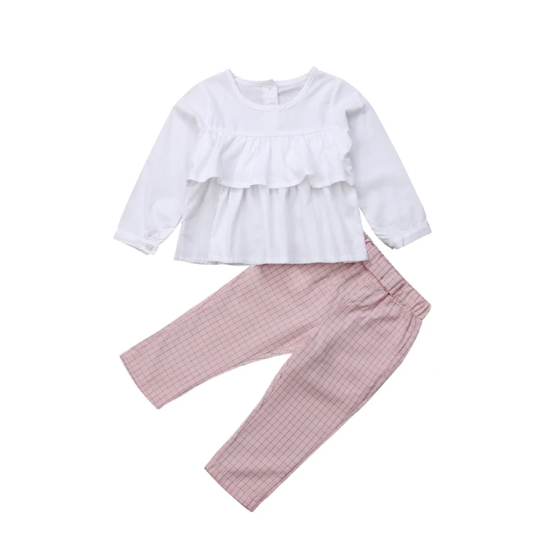 Милая детская одежда для маленьких девочек топы с рюшами и длинным рукавом, футболка, блузка с клетчатыми штанами и леггинсами комплект одежды из 2 предметов