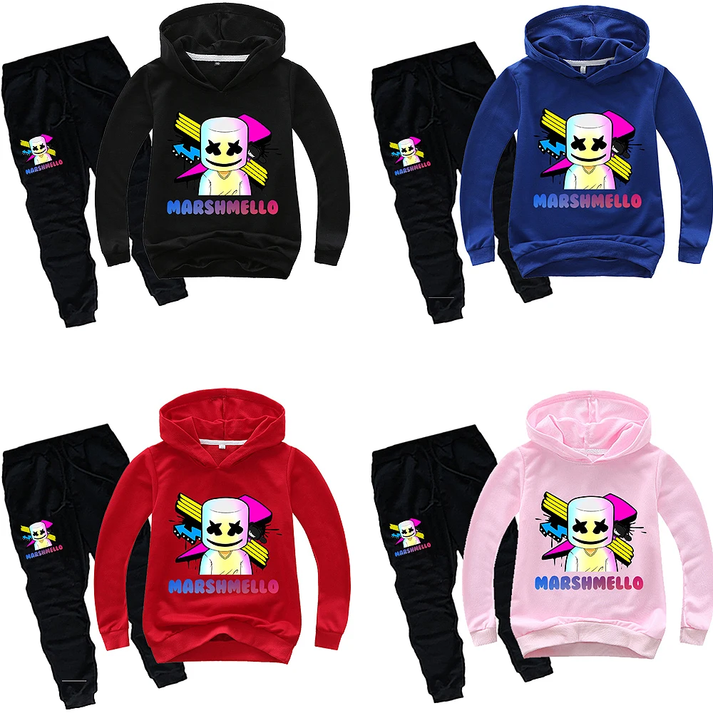 Boys Girls Marshmello Kids Hooded Sweatshirt Pullover Hoodies &amp Long Pants DJ Spring Fall Casual Costumes Outfit Set | Детская одежда