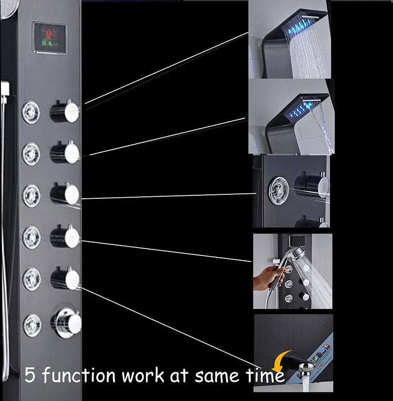 Светодиодный светильник, Душевая система для ванной, душевая колонка, черный дождь, водопад, душевая панель, смеситель для биде с ручным массажным струем, носик