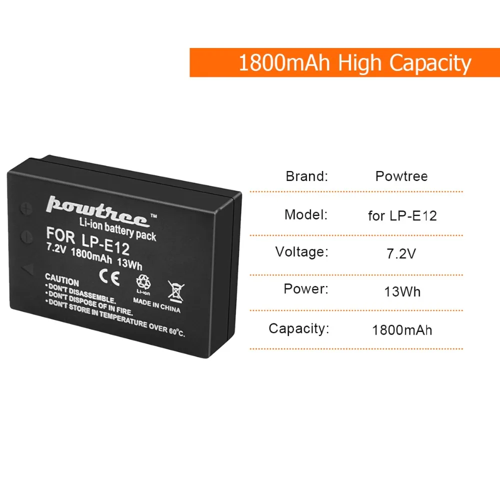 Powtree 1800mAh 7,2 V для Canon LP-E12 LP E12 LPE12 Аккумулятор для камеры AKKU+ lcd USB двойное зарядное устройство для EOS 100D M100 M10 M50 M2