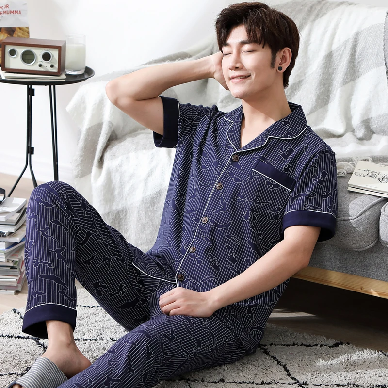 men pajamas set short sleeved male sleep clothing sleepwear plus size