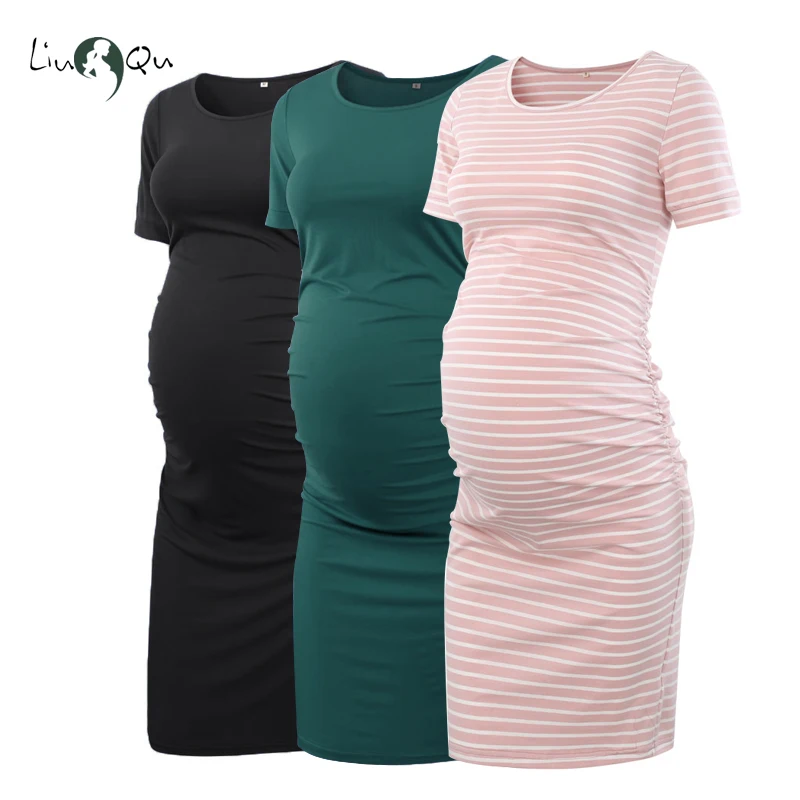 Liu&Qu Maternity Dresses Women Side Ruched Pregnany Dress Bodycon Pregnant Clothes Casual Mama Short Sleeve Wrap Baby Showers