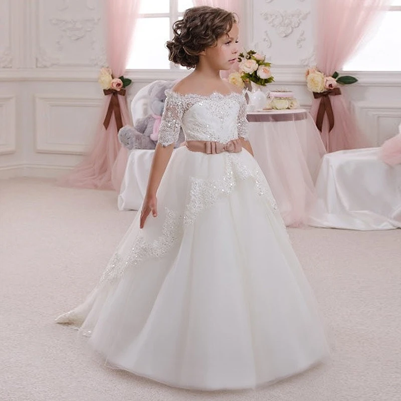 Элегантное нарядное платье для девочек для выступлений; детское платье для причастия на шнуровке с открытыми плечами, с лентой, блестками, аппликацией; свадебные платья