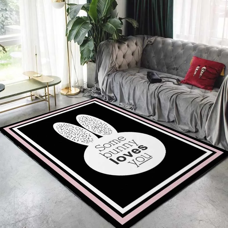 

Black Rectangle Carpet White Rabbit Pattern Rugs For Home Living Room Parlor Mat 10Kinds Sizes tapete para sala alfombras