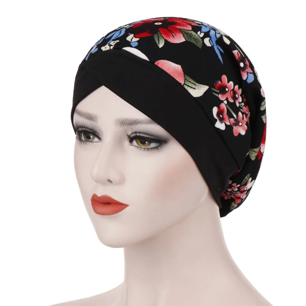 

Muslim Women's Print Flower Forehead Cross Turban Hat Cancer Chemotherapy Chemo Beanies Cap Headwear Headwrap Hair Accessories