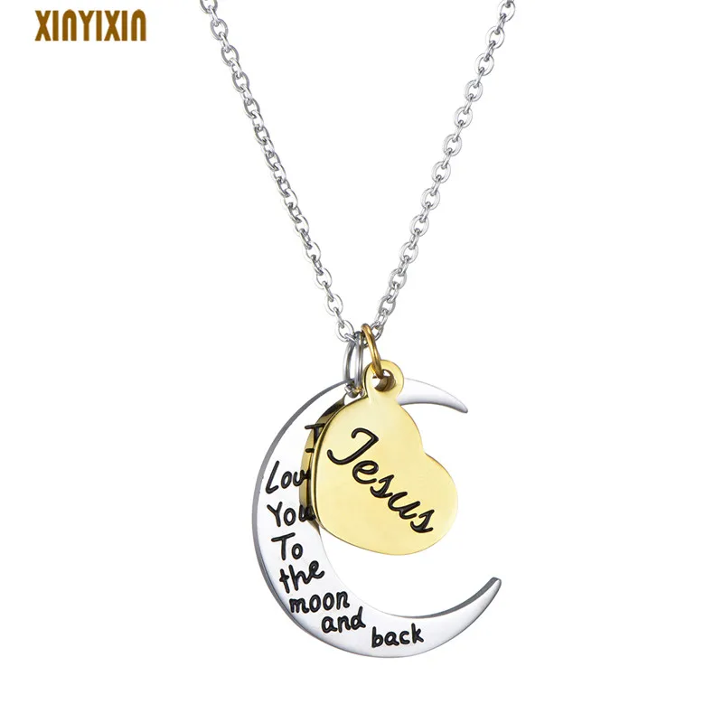 

Statement Gold Heart Silver Moon Stainless Steel Necklace for Women Christian JESUS Letter Pendant Necklace Simple Jewelry Gift