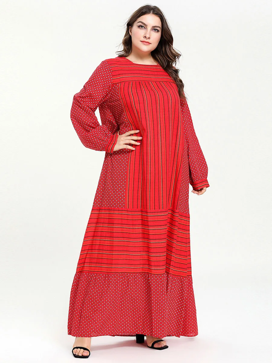 Платье Абайи размера плюс, женское летнее платье с длинным рукавом, в полоску, в горошек, с принтом, в стиле пэчворк, макси, длинное платье, красное, свободное, больше размера, d, мусульманские платья