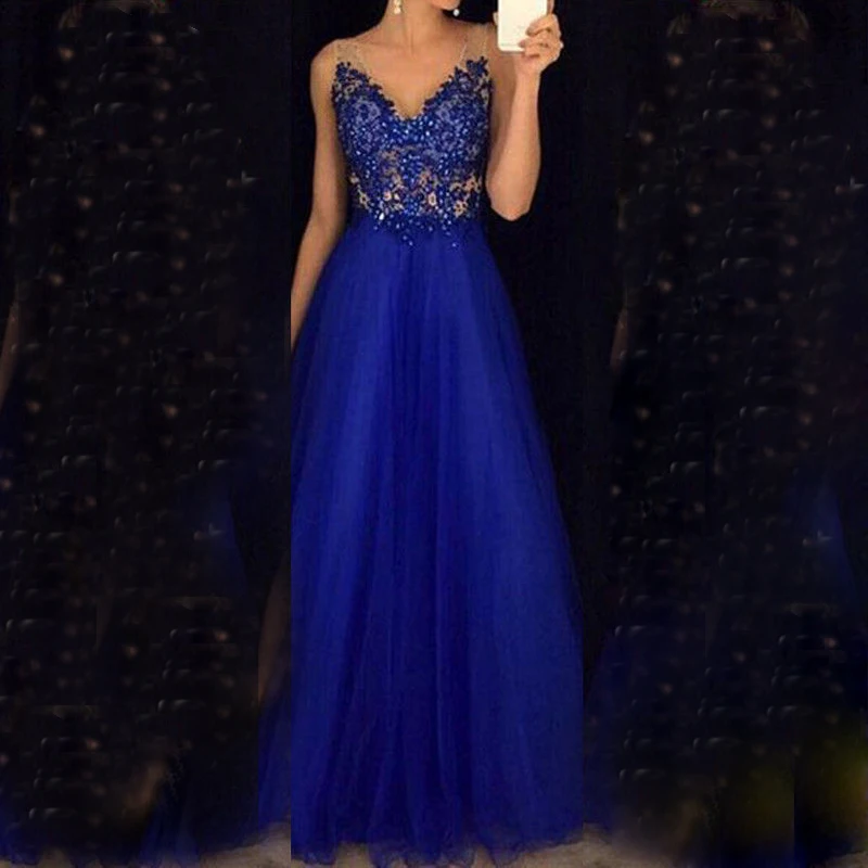 

Formal Women's Mesh Long Wedding Evening Ball Gown Party Dress