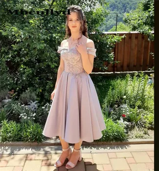 

Mbcullyd Strrapless Short Tea Length Prom Dresses 2019 With Applique Lace Evening Pageant Dress Plus Size vestidos de fiesta