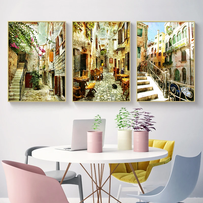 

NEWBILITY European Retro Street Paintings Reataurant Classical Posters Living Room Decor Hallway Wall Art Cafe Painting Bedroom