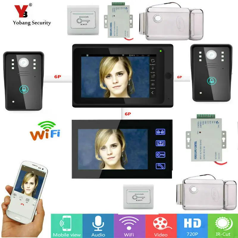 Yobang Security 7inch 2 monitors Wired / Wireless Wifi IP Video Door Phone Doorbell Intercom Entry System with Wired 2 Camera